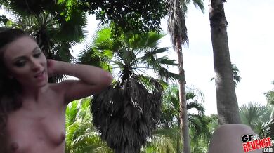 Lovely brunette chick is enjoying outdoors sex