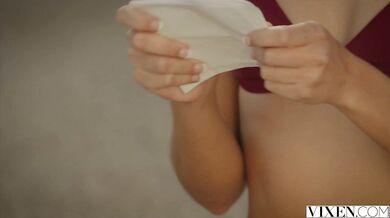 Slim blonde with small tits rides huge dick